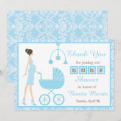 Blue Damask Brunette Woman Baby shower Bedankkaart (Voorkant / Achterkant)
