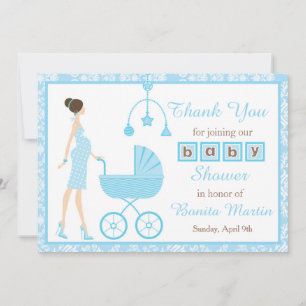 Blue Damask Brunette Woman Baby shower Bedankkaart