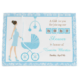 Blue Damask Brunette Woman Baby shower Groot Cadeauzakje