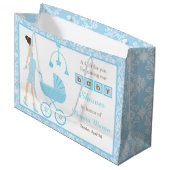 Blue Damask Brunette Woman Baby shower Groot Cadeauzakje (Voorkant Gekanteld)