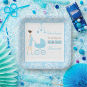 Blue Damask Brunette Woman Baby shower Papieren Bordje (Feest)