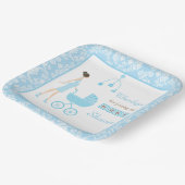 Blue Damask Brunette Woman Baby shower Papieren Bordje (Gebogen)