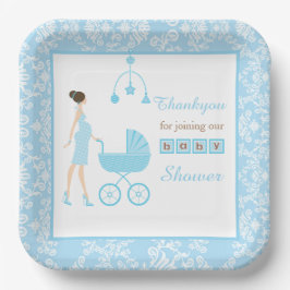 Blue Damask Brunette Woman Baby shower Papieren Bordje
