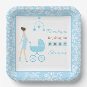 Blue Damask Brunette Woman Baby shower Papieren Bordje