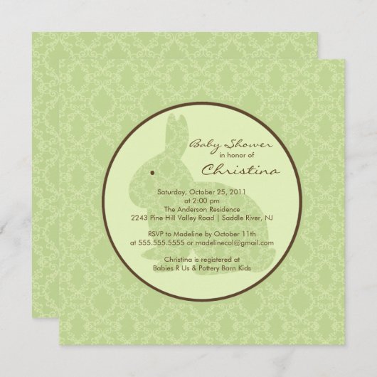 Blue Damask Bunny Baby shower Invitation Neutral Kaart (Voorkant / Achterkant)