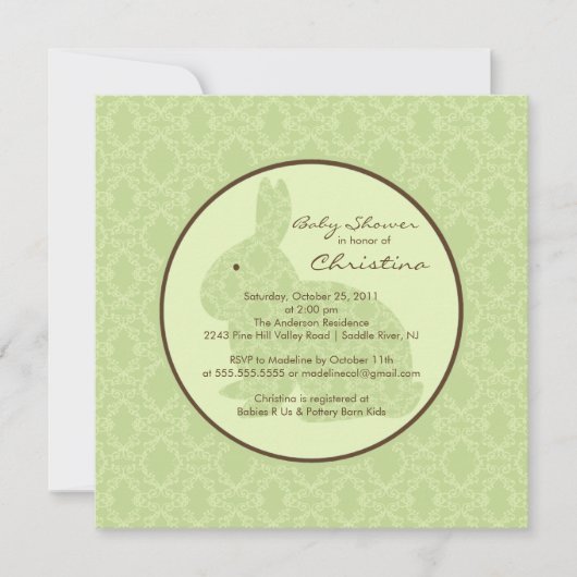 Blue Damask Bunny Baby shower Invitation Neutral Kaart (Voorkant)