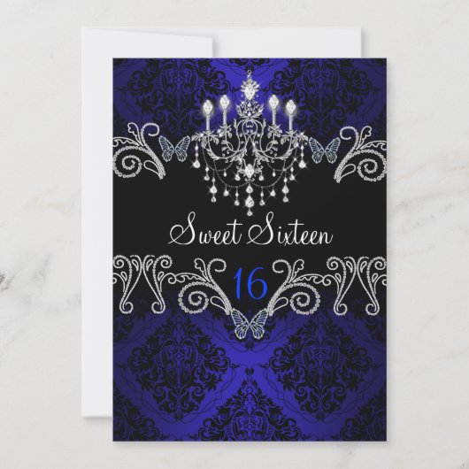 Blue Damask & Butterfly Sweet Sixteen Invite Kaart (Voorkant)
