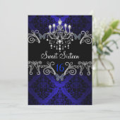 Blue Damask & Butterfly Sweet Sixteen Invite Kaart (Staand voorkant)