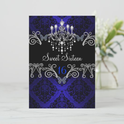 Blue Damask & Butterfly Sweet Sixteen Invite Kaart (Staand voorkant)