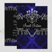 Blue Damask & Butterfly Sweet Sixteen Invite Kaart (Voorkant / Achterkant)