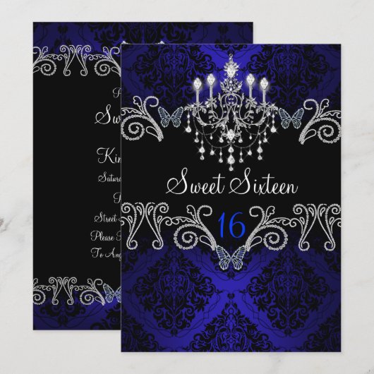 Blue Damask & Butterfly Sweet Sixteen Invite Kaart (Voorkant / Achterkant)