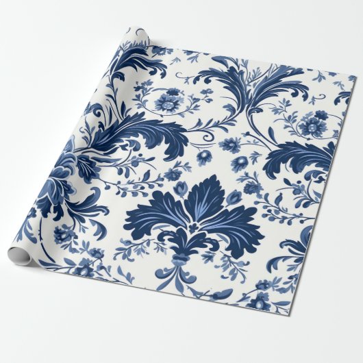 Blue Damask Cadeaupapier (Uitgerold)