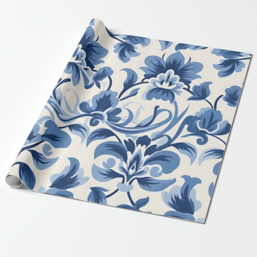 Blue Damask Cadeaupapier (Uitgerold)