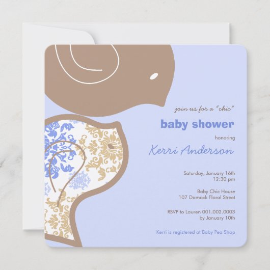 Blue Damask Chicks Baby shower Party Invitation Kaart (Voorkant)