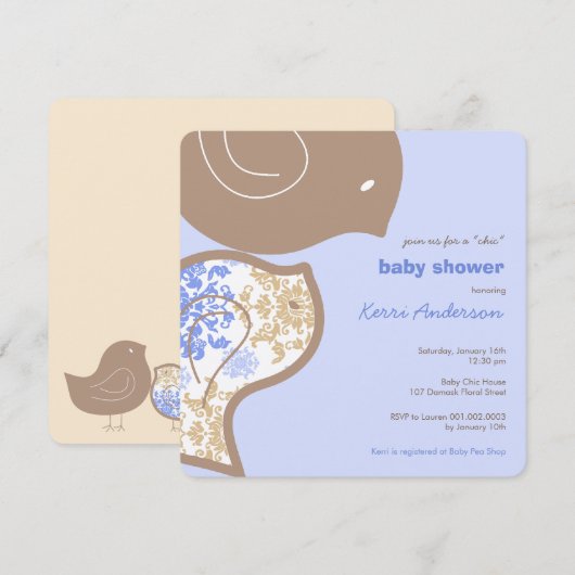 Blue Damask Chicks Baby shower Party Invitation Kaart (Voorkant / Achterkant)