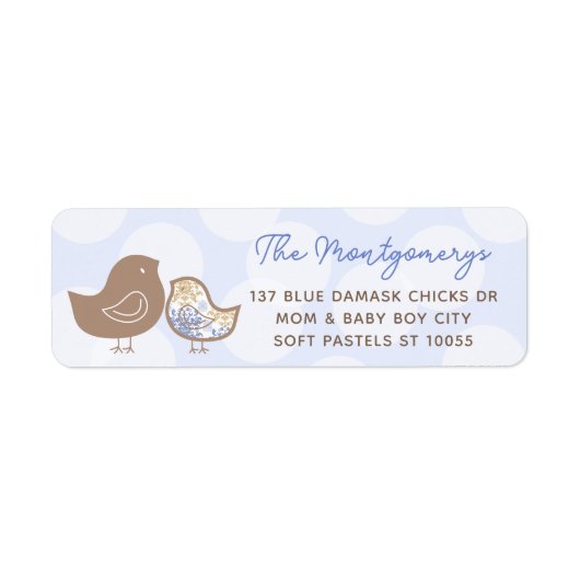 Blue Damask Chicks Boy Baby shower Adresetiketten Etiket (Voorkant)