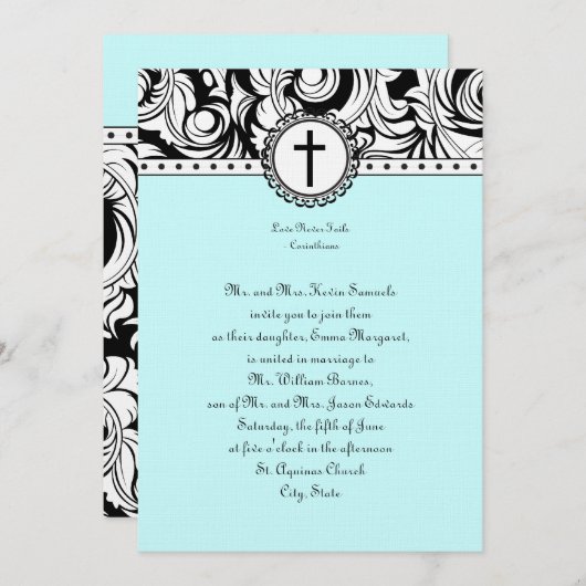 Blue Damask Christelijke Wedding Invitation Kaart (Voorkant / Achterkant)