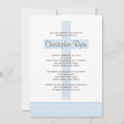 Blue Damask Cross Baby Baptisme Inname Kaart (Voorkant)