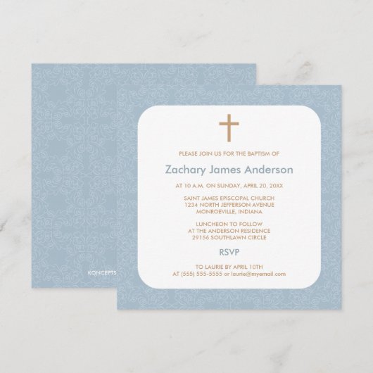 Blue Damask & Cross-Baptism-uitnodigingen Kaart (Voorkant / Achterkant)