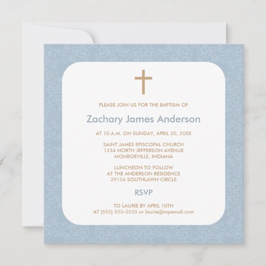 Blue Damask & Cross-Baptism-uitnodigingen Kaart (Voorkant)