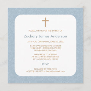 Blue Damask & Cross-Baptism-uitnodigingen Kaart