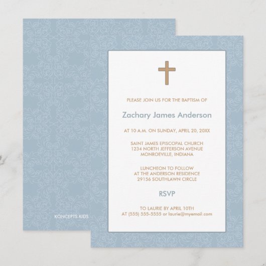 Blue Damask & Cross-Baptism-uitnodigingen Kaart (Voorkant / Achterkant)