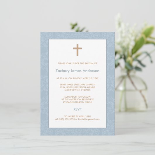 Blue Damask & Cross-Baptism-uitnodigingen Kaart (Staand voorkant)