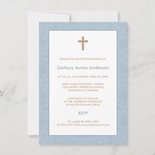 Blue Damask & Cross-Baptism-uitnodigingen Kaart (Voorkant)