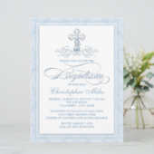 Blue Damask Cross Baptisme Kaart (Staand voorkant)