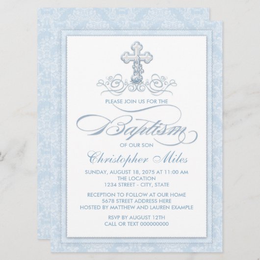 Blue Damask Cross Baptisme Kaart (Voorkant / Achterkant)
