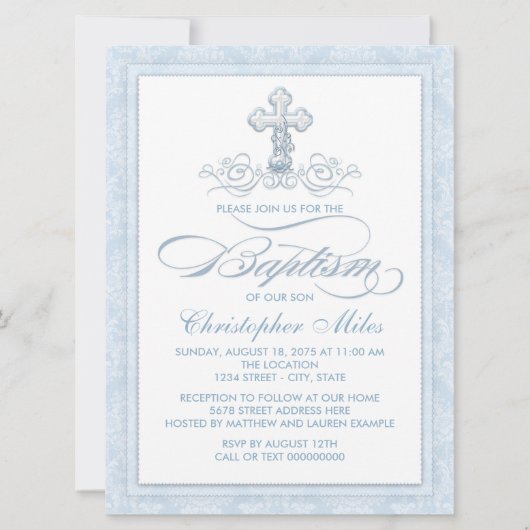 Blue Damask Cross Baptisme Kaart (Voorkant)