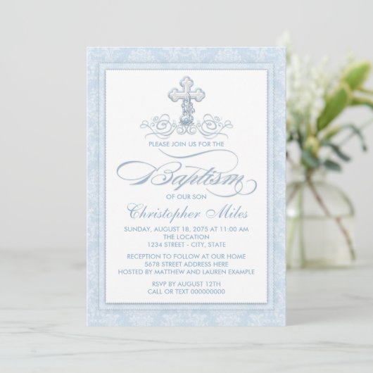Blue Damask Cross Baptisme Kaart (Staand voorkant)