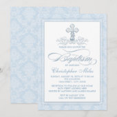 Blue Damask Cross Baptisme Kaart (Voorkant / Achterkant)