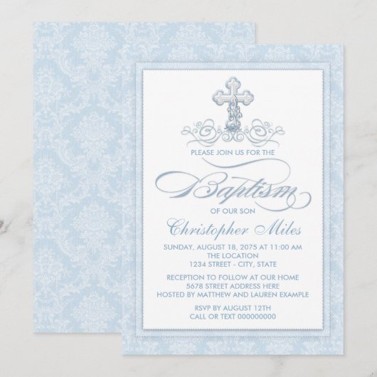 Blue Damask Cross Baptisme Kaart (Voorkant / Achterkant)