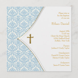 Blue Damask Cross Boy Christening Kaart