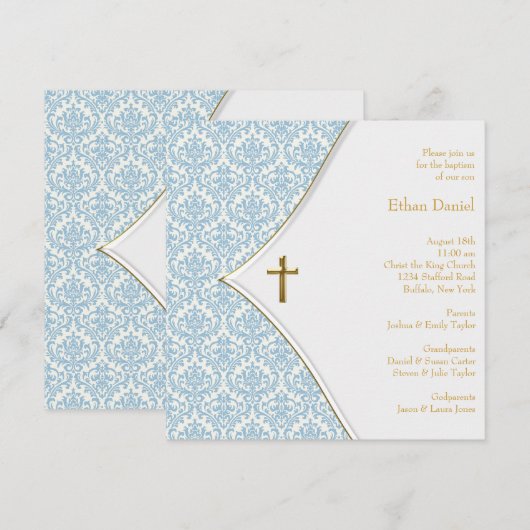 Blue Damask Cross Boy doop Kaart (Voorkant / Achterkant)