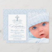 Blue Damask Cross Boy Fotodoop uitnodiging (Voorkant / Achterkant)