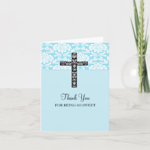Blue Damask Cross Boys Dank je wel Bedankkaart