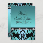 Blue Damask & Diamond Afbeelding Sweet 16 Uitnodig Kaart (Voorkant / Achterkant)