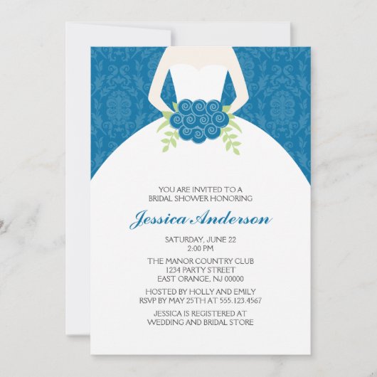 Blue Damask en Florals Bridal Shower Invitations Kaart (Voorkant)