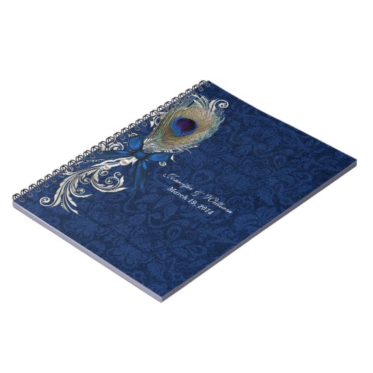 Blue Damask en Peacock Feather Bruiloft Notitieboe Notitieboek (Linkerzijde)