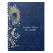Blue Damask en Peacock Feather Bruiloft Notitieboe Notitieboek (Voorkant)