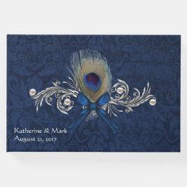 Blue Damask en Peacock Feather Wedding Guest Book Gastenboek