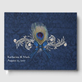 Blue Damask en Peacock Feather Wedding Guest Book Gastenboek (Voorkant)