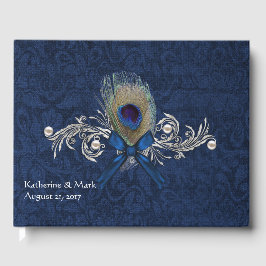Blue Damask en Peacock Feather Wedding Guest Book Gastenboek