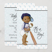 Blue Damask Etnische Baby Boy Shower Kaart (Voorkant / Achterkant)