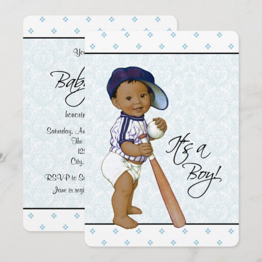 Blue Damask Etnische Baby Boy Shower Kaart (Voorkant / Achterkant)