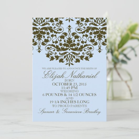 Blue Damask Formal Introduction Birth Announement Aankondiging (Staand voorkant)