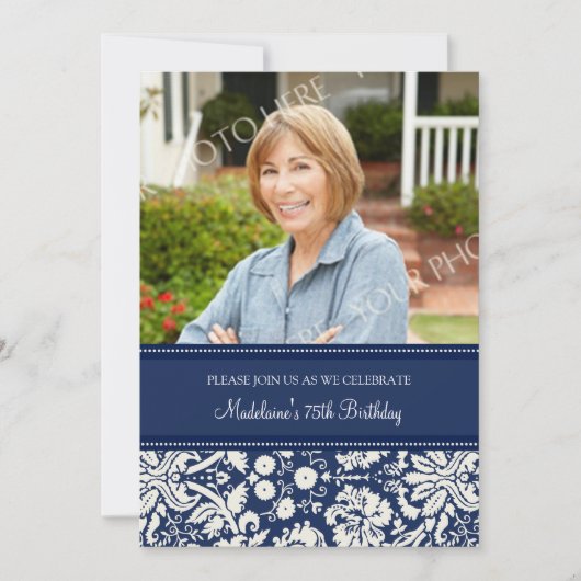 Blue Damask Foto 75th Birthday Party Invitations Kaart (Voorkant)