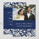 Blue Damask Foto gewoon gehuwde koninklijke Kaarte Aankondiging (Voorkant / Achterkant)